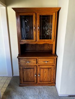 Vintage Oak Wood China Hutch Cabinet