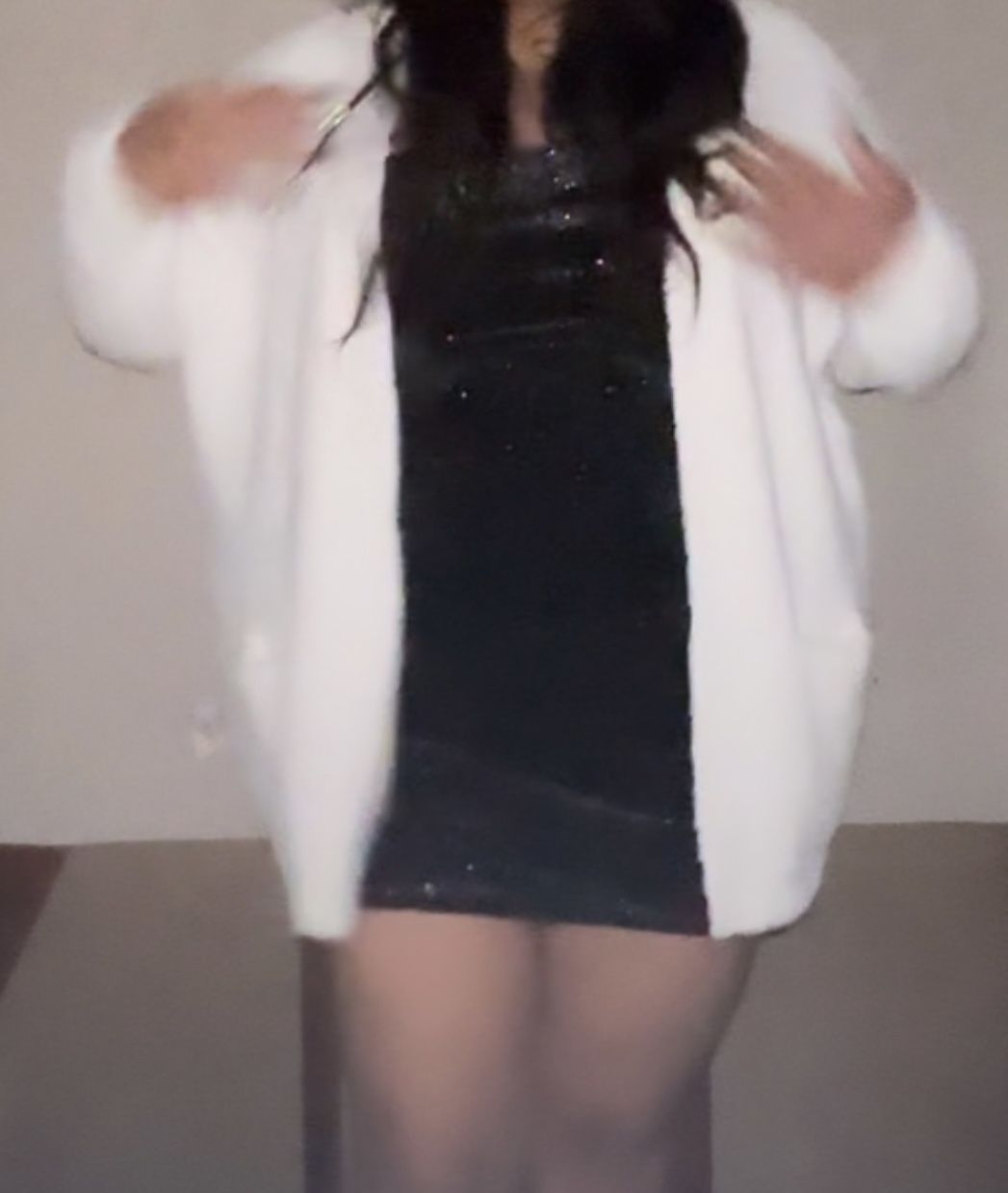 Black Glittery Dress With White Fluffy Cardigan 