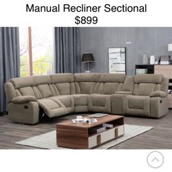 Tan 7 Piece Manual Recliner Sectional Very Plush Soft Fabric 3 Recliner Seats Storage Console And Cup Holders Brand New In Box Firm Price $899