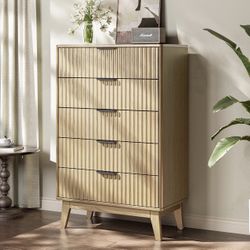 Fluted 5-Drawer Dresser for Bedroom, 48" Tall Modern Chest of Drawers with Metal Handles, Wood Closet Clothes Storage Organizer, Dresser TV Stand for 