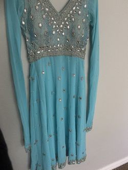 Formal Blue Embroidered Mirror Work Indian Outfit