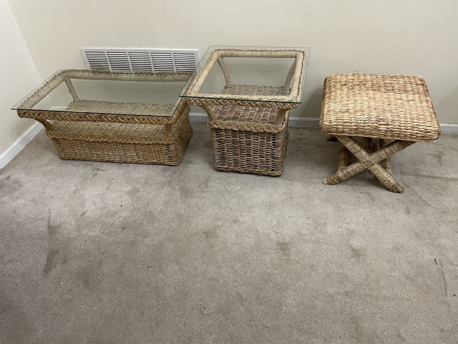 Glass Too Rattan Coffee Table, End Table and bench