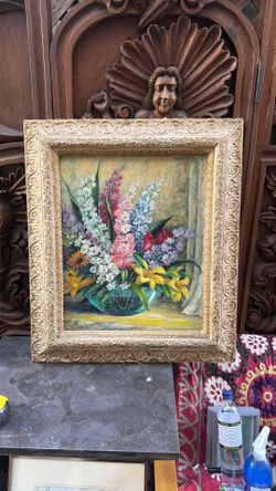 Beautiful Antique oil and wood signed by the artist flowers 💐