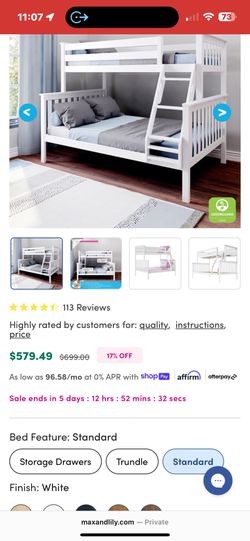 Max & Lily White Bunk Bed – Twin/Full – Excellent Condition