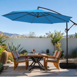 10ft Patio Umbrella with Base Included, Outdoor Offset Cantilever Umbrella with Sandbag Base for Backyard, Garden and Pool, Easy to Tilt and Crank, Ro