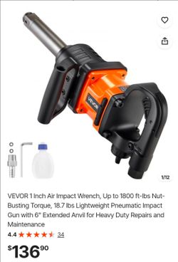 VEVOR 1 Inch Air Impact Wrench, Up to 1800 ft-lbs Nut-Busting Torque, 18.7 lbs Lightweight Pneumatic Impact Gun with 6" Extended Anvil for Heavy Duty 