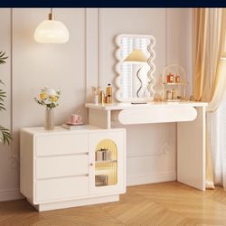 Miuuod 29.52" H Makeup Vanity with Mirror with Lights Modern Cosmetics Table with Storage Carbinet Changing Direction Vanity Desk Dressing Table