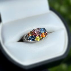 Jewelry 10k solid white gold 4.5CTW multicolour stones rainbow ring sz 7.00