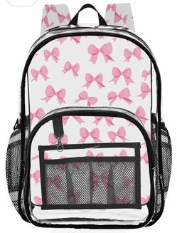 Cute Bow White Clear Backpack Heavy Duty See Through Transparent PVC BookBag for Kids Boy Girl Adult School Work 12L