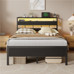 Furnulem Full Bed Frame with Storage, LED Lights & Charging Station