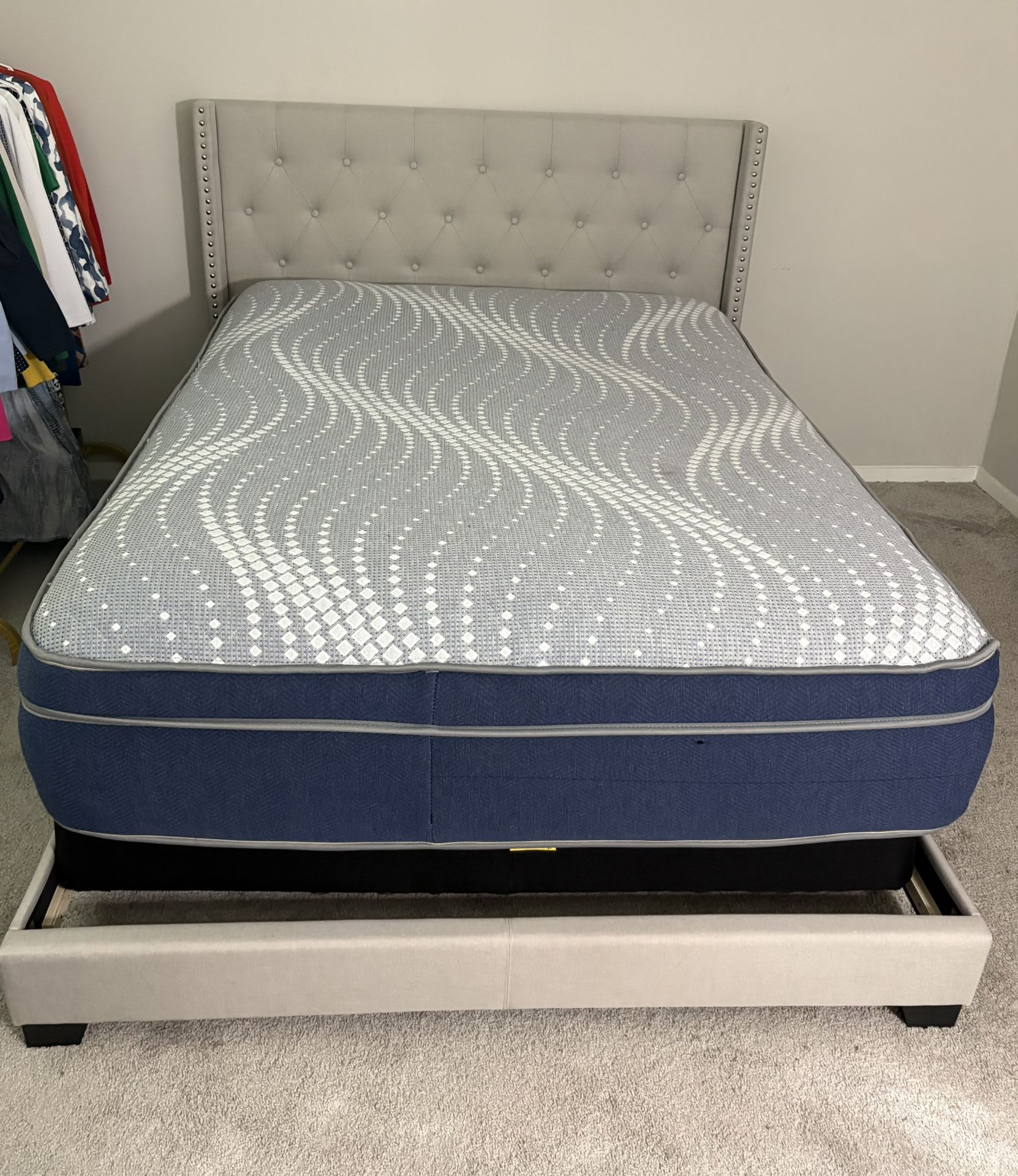 Queen Grey Upholstered Bed Frame + Mattress + Box Spring