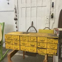 Vintage Yellow Metal Workshop Drawers 