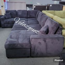 ✅️✅️4 pc Black corduroy fabric sectional sofa with storage chaise and love seat and pop up sleep area in center USB charging✅️