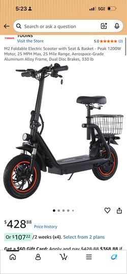 M2 Foldable Electric Scooter with Seat & Basket - Peak 1200W Motor, 25 MPH Max, 25 Mile Range, Aerospace-Grade Aluminum Alloy Frame, Dual Disc Brakes,