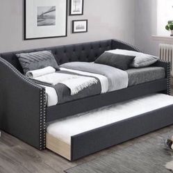 New Twin Size Day Bed w/ Slats + Trundle Charcoal Color. It comes with the 2 mattresses