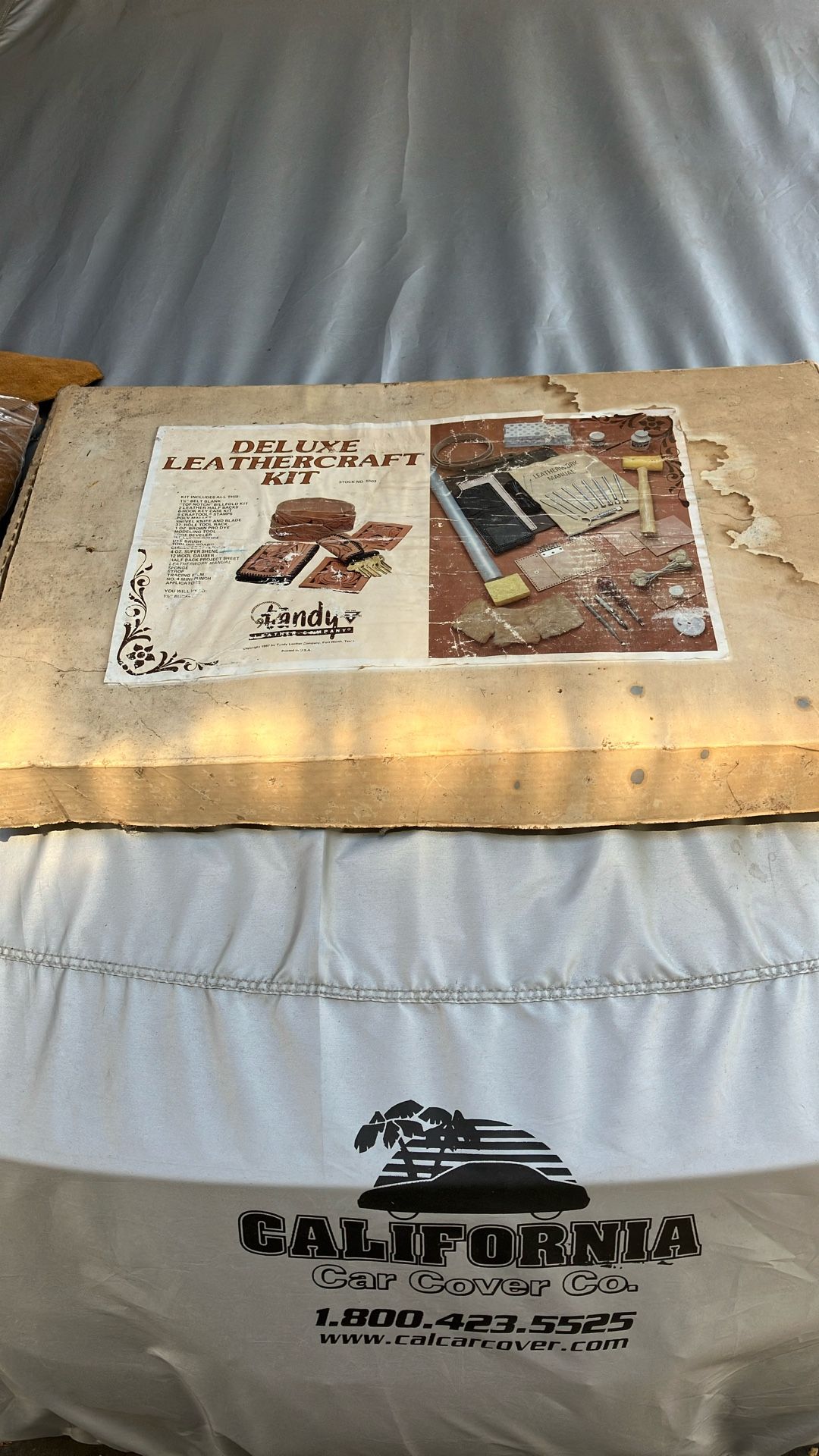 Leather working kit with leather, never used