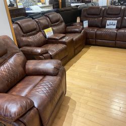 Santiago Brown, leather reclining sofa and loveseat only $999. Reclining chair $399. Easy finance option. Same day delivery.
