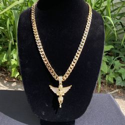 Gold Chain Cuban Necklace 24in 8mm And Icy Angel Pendant Set 