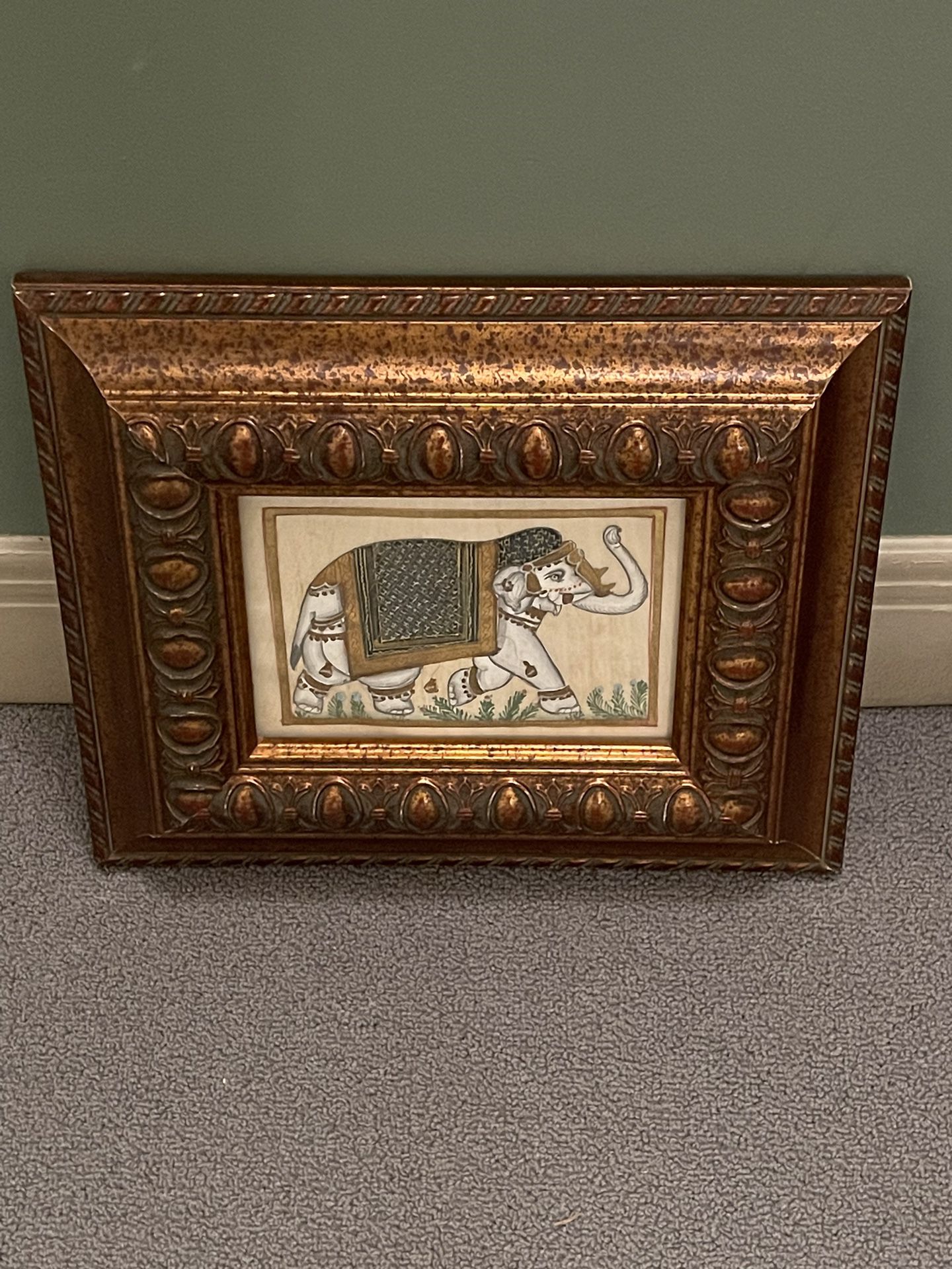Iconic ELEPHANT etched w/Gold Leaf on Fine Silk & Framed in ORNATE WOOD (2 available) - firm price EACH