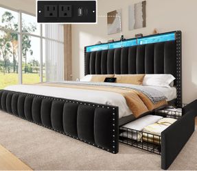 YITAHOME King Size Bed Frame with 4 Storage Drawers and RGB LED Lights, Velvet Upholstered Platform Bed with Charging Station and Bookcase Storage Hea