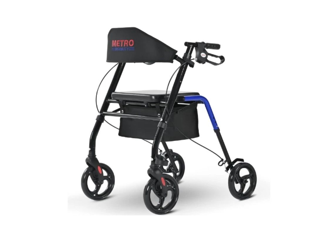 NEW Metro Mobility Rollator Walker with Seat for Seniors, Foldable Lightweight Rolling Walker, 8" Big Wheels for All Terrain, 300 lb. Weight Capacity 