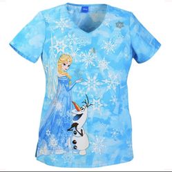 Cherokee Tooniforms Disney Frozen V-Neck Medical Scrub Top Elsa & Olaf XXS NWT
