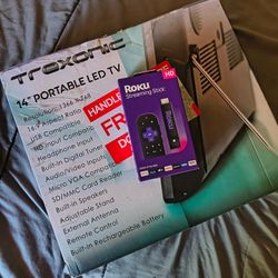 New Trexonic Portable Rechargeable 14 Inch 720p LED TV with HDMI, SD/MMC, USB, VGA, AV in/Out and Built-in Digital Tuner Roku Streaming Set.
