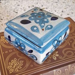 Vintage Tonala Trinket blue Flowers 3.5 X 3.5 Handmade Hand Painted Mexico