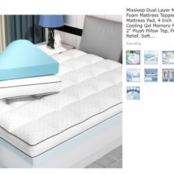 Brand New Dual Layer Memory Foam Mattress Topper, King Mattress Pad, 4 Inch | 2" Cooling Gel Memory Foam + 2" Plush Pillow Top, Pressure Relief, Soft 