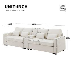 [VIDEO provided] [New] 114.2 Upholstered Sofa with Console, 2 Cupholders and 2 USB Ports Wired or Wirelessly Charged, Modern Linen Fabric Couches with