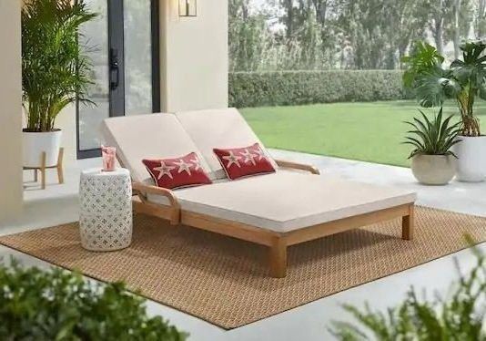 NEW/Boxed Hampton Bay Orleans Eucalyptus Wood Outdoor Double Chaise Lounge With Almond Cushions