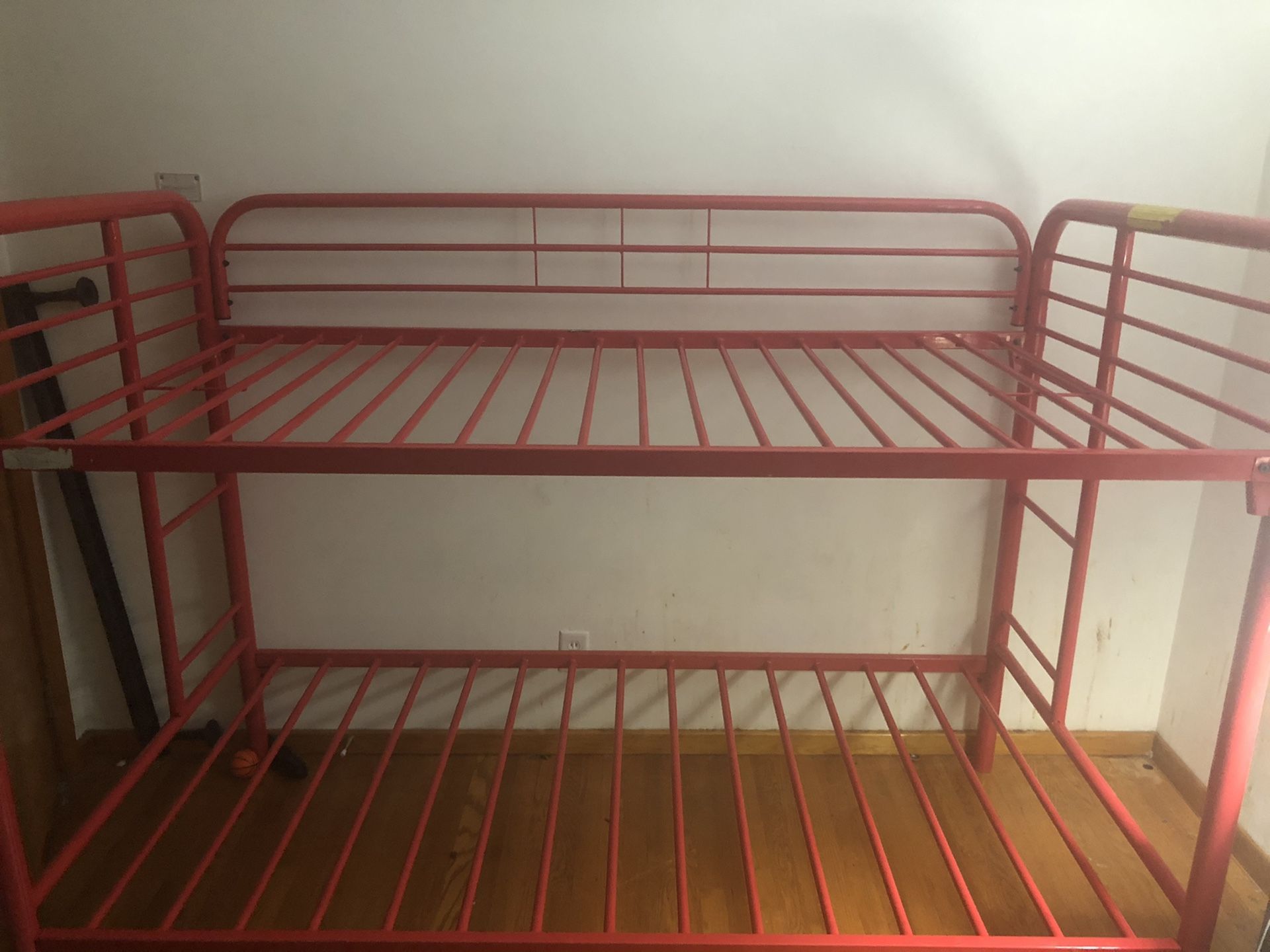 Red metal bunk beds