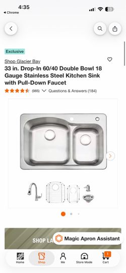 Shop Glacier Bay. 33 in. Drop-In 60/40 Double Bowl 18 Gauge Stainless Steel Kitchen Sink with Pull-Down