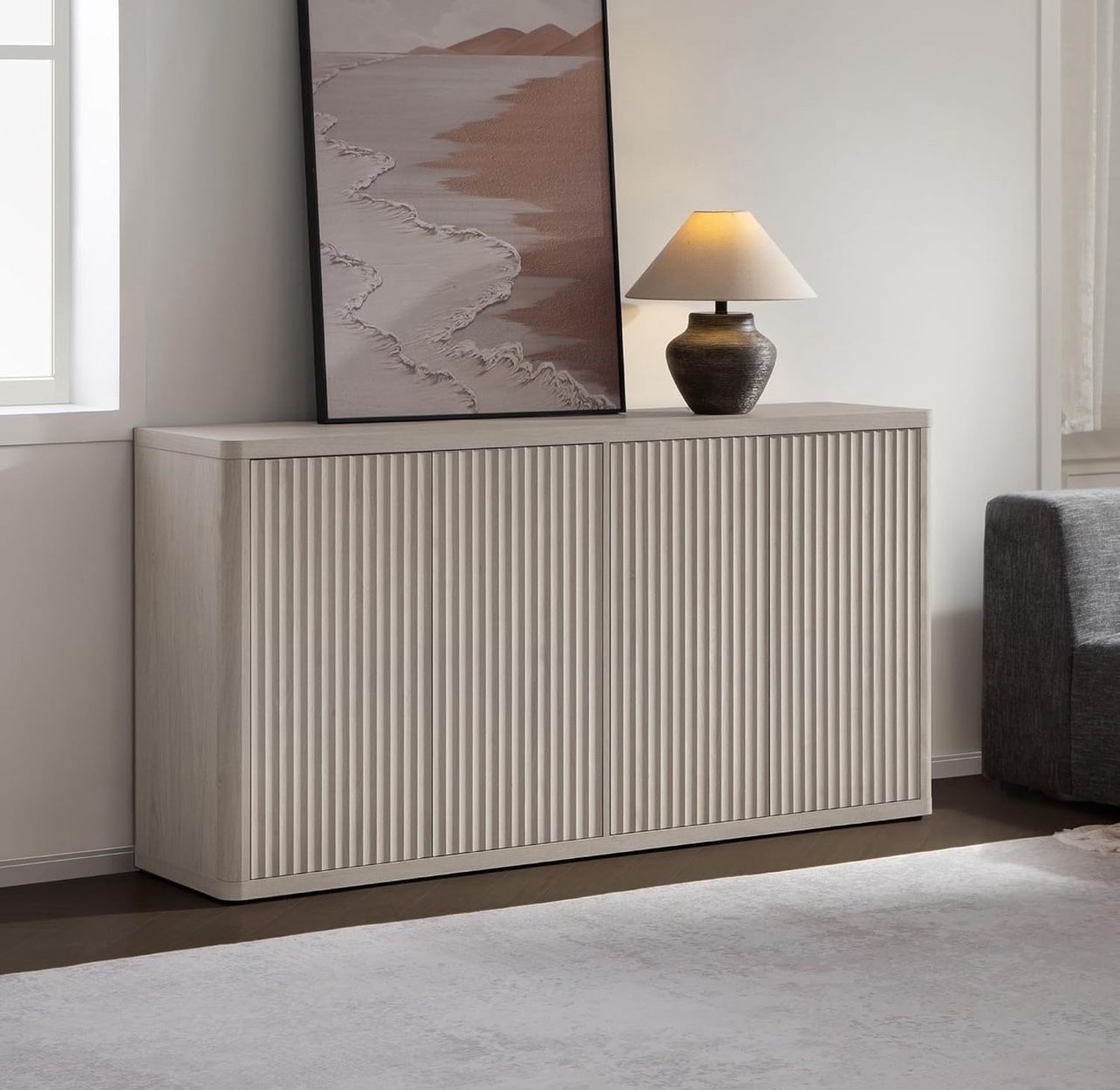 Buffet Cabinet with Storage Accent Sideboard with 4 Doors 66.3" Wide Fluted Credenza Modern Buffet Table Media Console Cabinet Entryway Cabinets for L