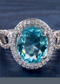 ROUND AQUA MARINE CUBIC ZIRCONIA LOVELY LADIES RING STAMPED STERLING SILVER 925 SIZE 81/2,9
