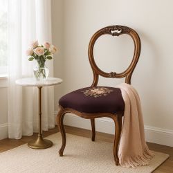 Antique Needlepoint Chair with Maroon Floral Upholstery and Exquisite Mahogany Carved Frame