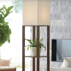 Shelf Floor Lamp Brown - Threshold™: ETL Listed, Linen Shade, MDF Body. 62.5” Tall