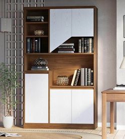 Bookcase with Doors, Tall File Bookshelf with Power Outlet & Printer Stand, 9-Tier Adjustable Booksh