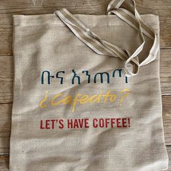  LETS HAVE COFFEE Tote Bag Natural Canvas JUTE Shopper Ethiopian Spanish New