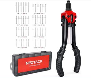 NEXTACK Rivet Gun Kit With 350 Blind Rivets, Heavy Duty Two-Handed 1/4” Pop Rivet Gun Set (NT300), 5 Nosepieces, Built-In Shaft Catcher For Van, Gutte