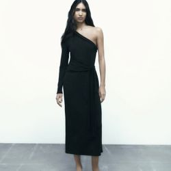 Zara NWT S black soft asymmetric long dress. One long sleeve. Tied self  belt. straps. 97% polyester 3% elastane for Sale in Bellflower, CA - OfferUp