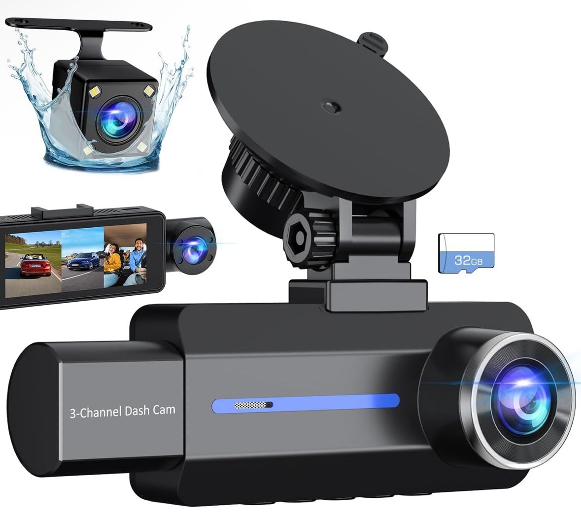 Baeasu Dash Cam Front and Rear, 2.5K+1440P Triple Car Camera with 32GB Card