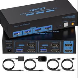 HDMI KVM Switch Dual Monitor 2 Port 4K@60Hz 2 Monitors 2 Computers USB 3.0 KVM Switcher PC Extended Display for 4 USB Devices Like Mouse Keyboard Prin