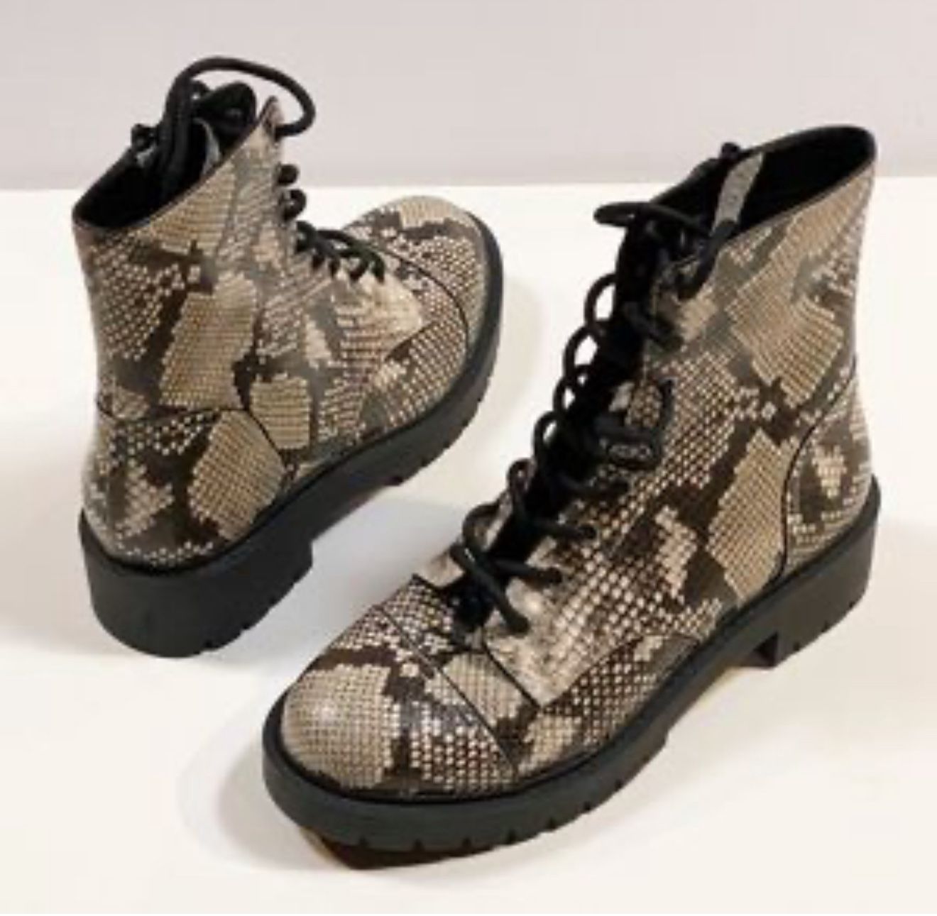Chelsea and Violet Snake Print Leather Combat High Boots
