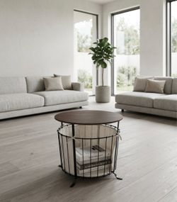 Modern Round Side Table with Storage Basket