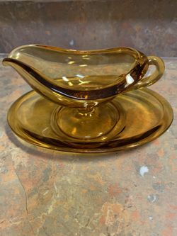 Vintage Indiana Amber Glass Gravy Boat & Plate