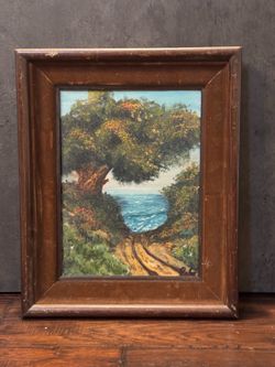 Vintage c1960s Forested Beach Road Seascape Oil Painting signed "PC"
