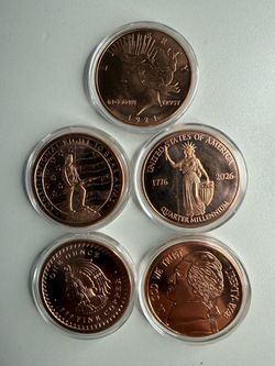 5-Piece 1 oz Copper Round Lot 🇺🇸 Liberty • Aztec • Quarter Millennium • Capsules
