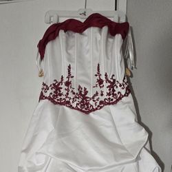 Davids Bridal White Apple Red Satin Dress SZ 16 With Covering For Hanger