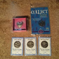 Lot Of Five Ganz The Art Of Living Pocket Token And Hallmark 25th Anniversary Pin Our Hearts Belong Together Token